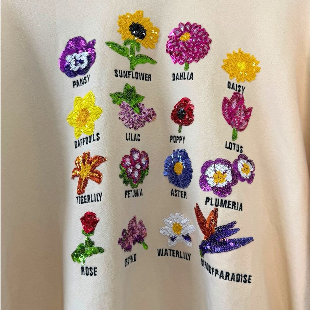 Queen of Sparkles Flower Sequin Sweatshirt Small Floral Pullover Size Small - Picture 3 of 10